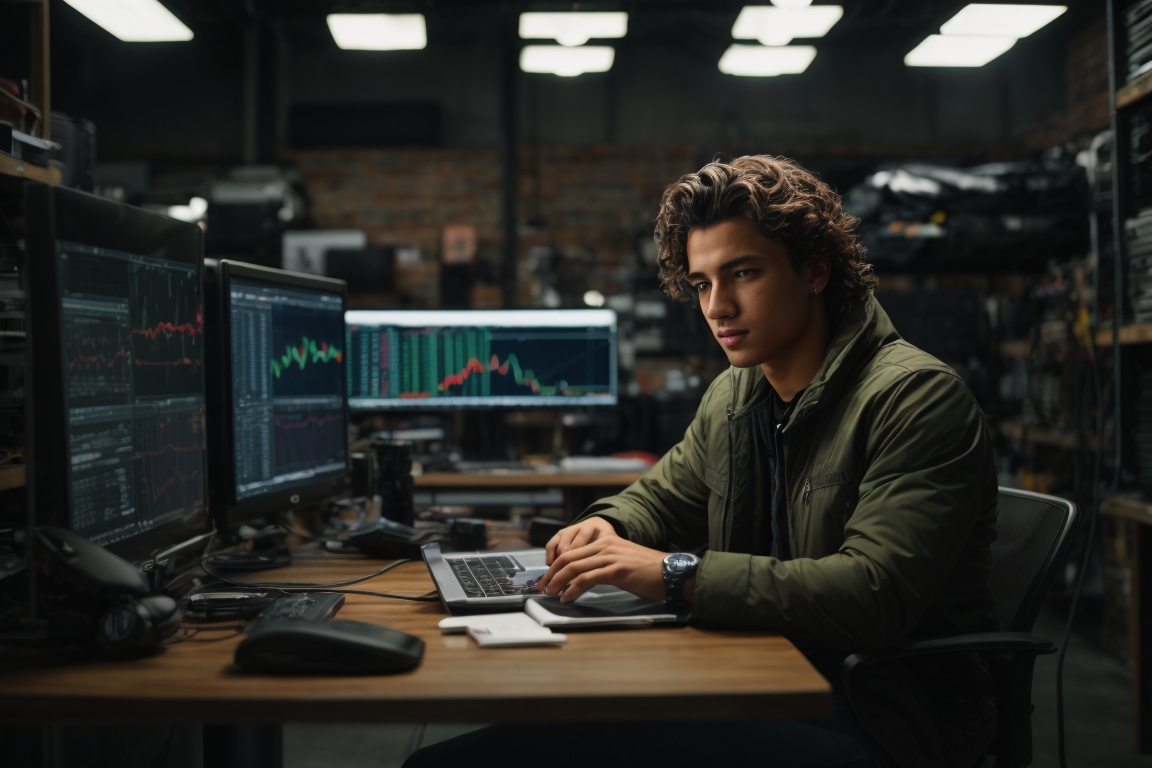 Photoreal A Guy Under 18 Trading Forex At A Table Full Of Fore 0