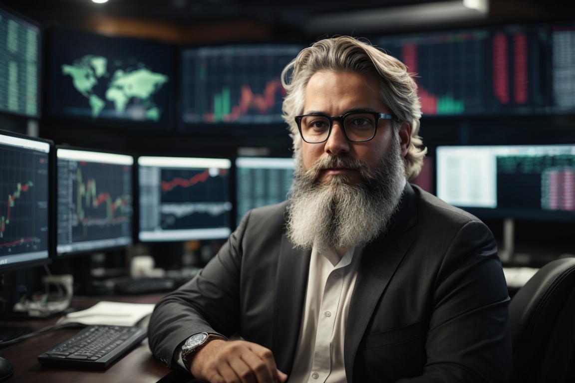 Photoreal Big White Bearded Man With Glasses Trading Forex On 0