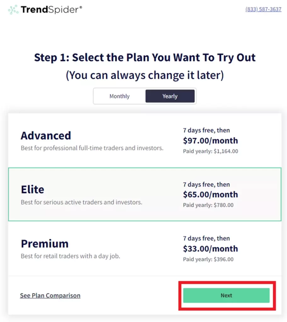 Seleção de planos da TrendSpider