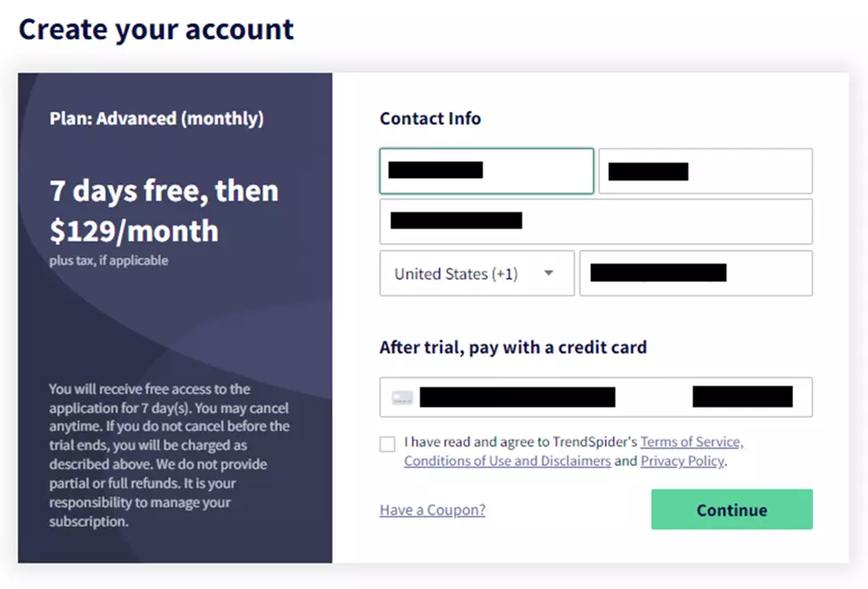 Formulário de registro da TrendSpider