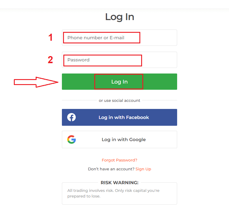 Como Fazer Login na IQ Option 2 Formulário de login da IQ Option com campos de e-mail e senha