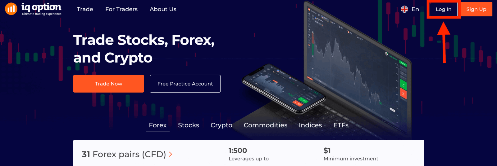 Como Fazer Login na IQ Option 1 Tela inicial da plataforma IQ Option com destaque para o botão de login