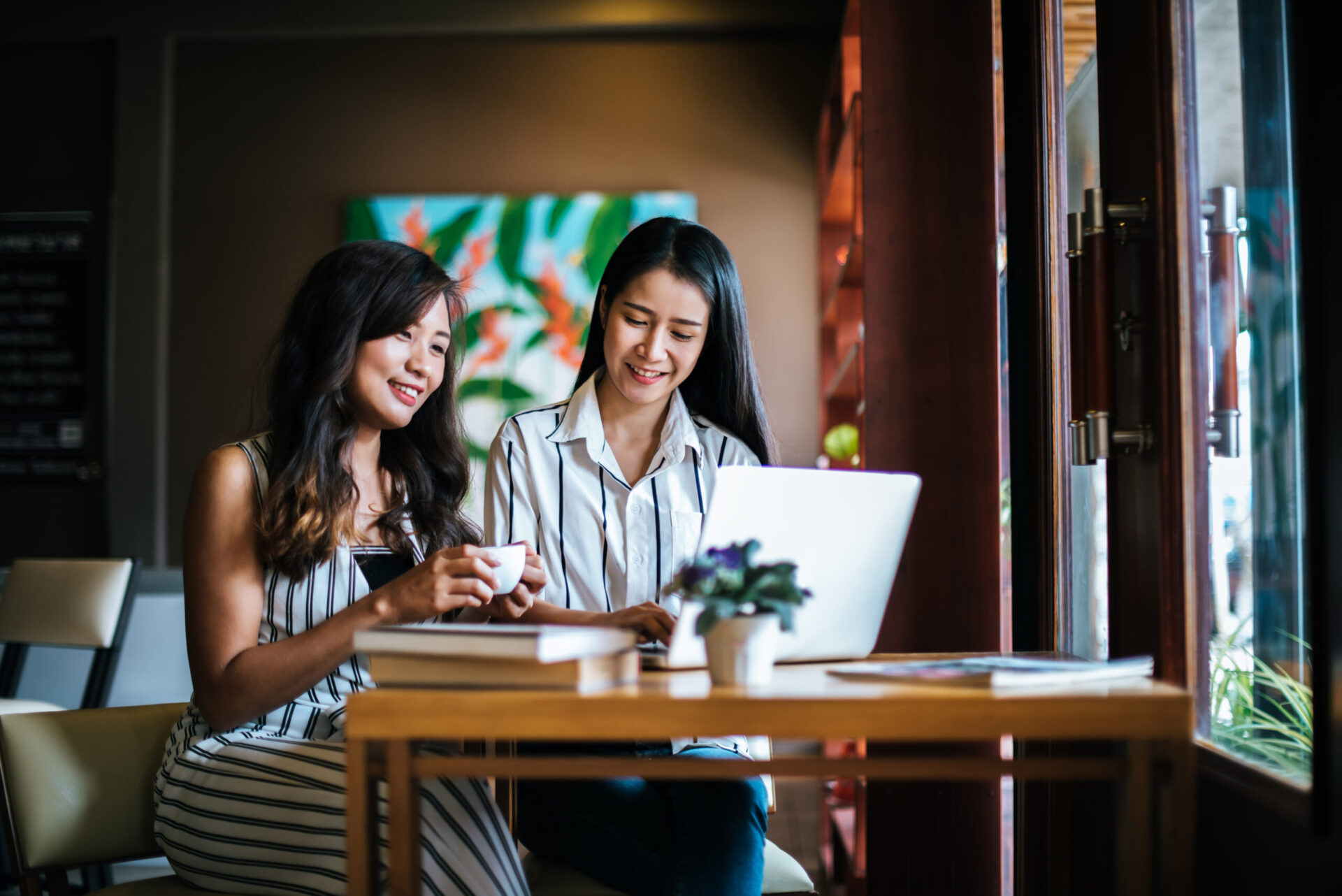 Two Beautiful Women Talking Everything Together Coffee Shop Cafe Scaled