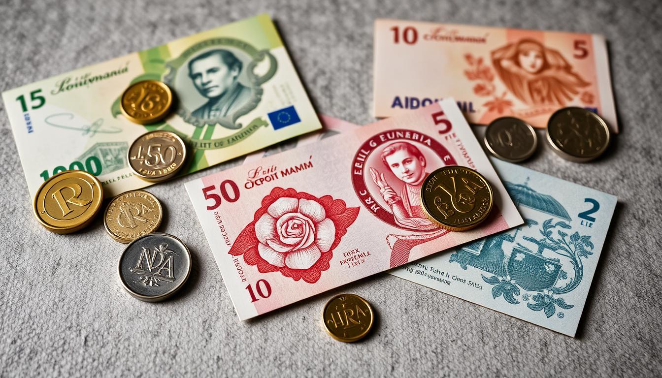 Notas e moedas do leu romeno