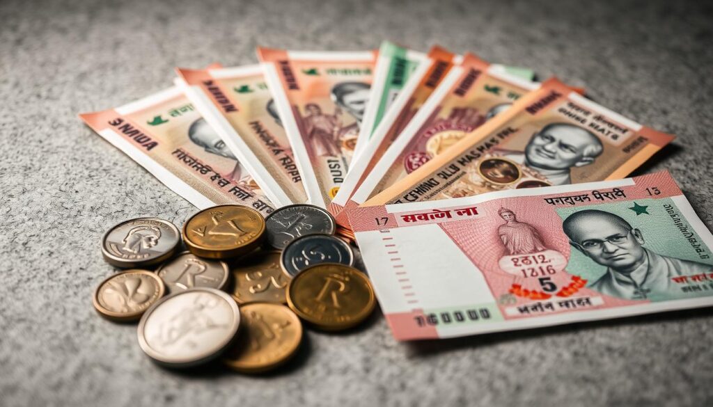 moedas e notas de rupia indiana