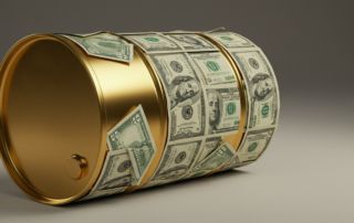 Acuerdo Petrodólar: La Historia y el Impacto que Moldean el Mundo 2 Gold plated oil barrel with dollar bills