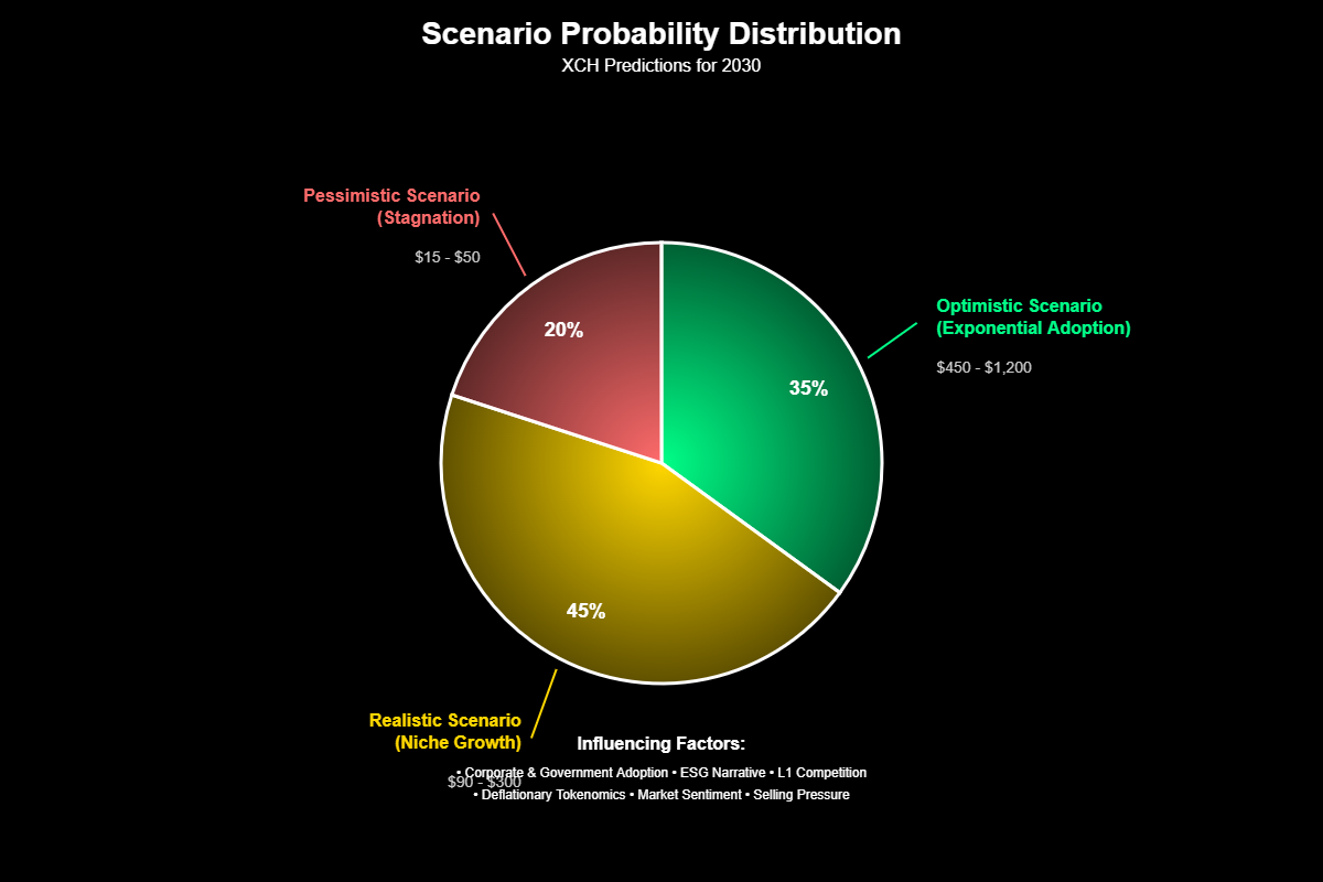 Neste cenário, os ventos contrários prevalecem. A adoção empresarial e governamental não decola como esperado; os projetos piloto não se convertem em implementações em larga escala. A concorrência de outras L1s, mais ágeis e com ecossistemas mais vibrantes, sufoca o crescimento da Chia